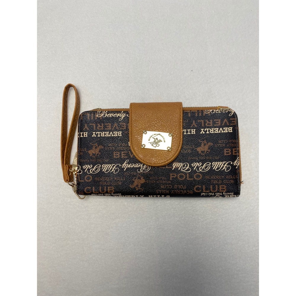 Beverly Hills Polo Club Monogram Zip Around‎ Wallet Wristlet Brown Tan Gold